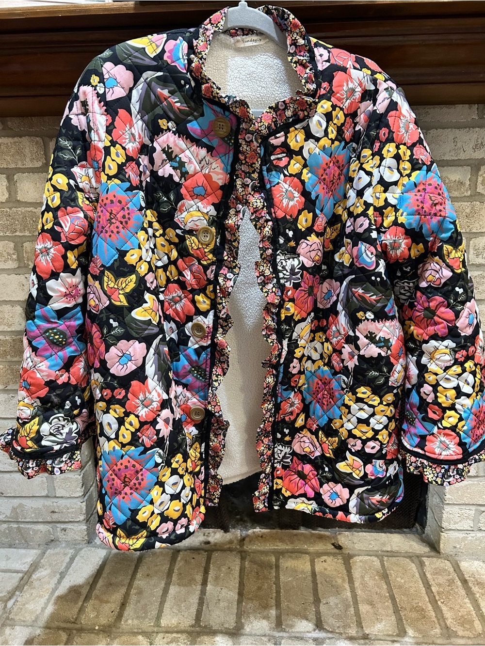 Sunday Black Floral Quilted Puffer Jacket with Multi Color Blooms EUC